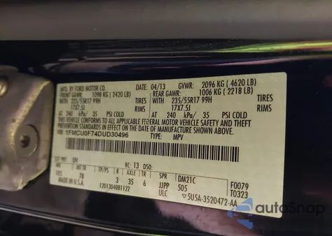 2013 Ford Escape S z USA, uszkodzony, nr VIN 1FMCU0F74DUD30496